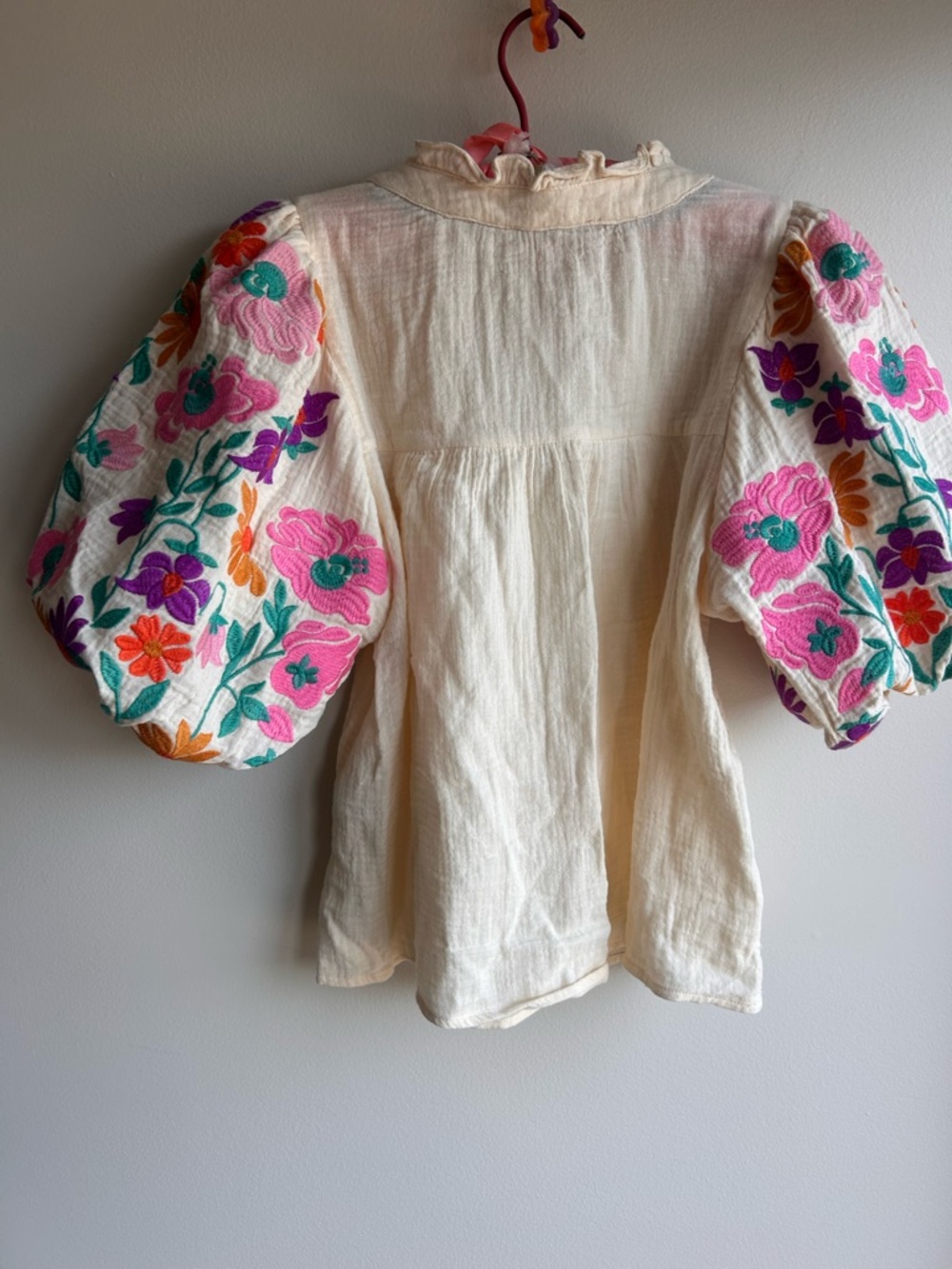 Embroidered Puff-Sleeve Peasant Top - Cream with Multicolor Floral Sleeves - Picture 4 of 5